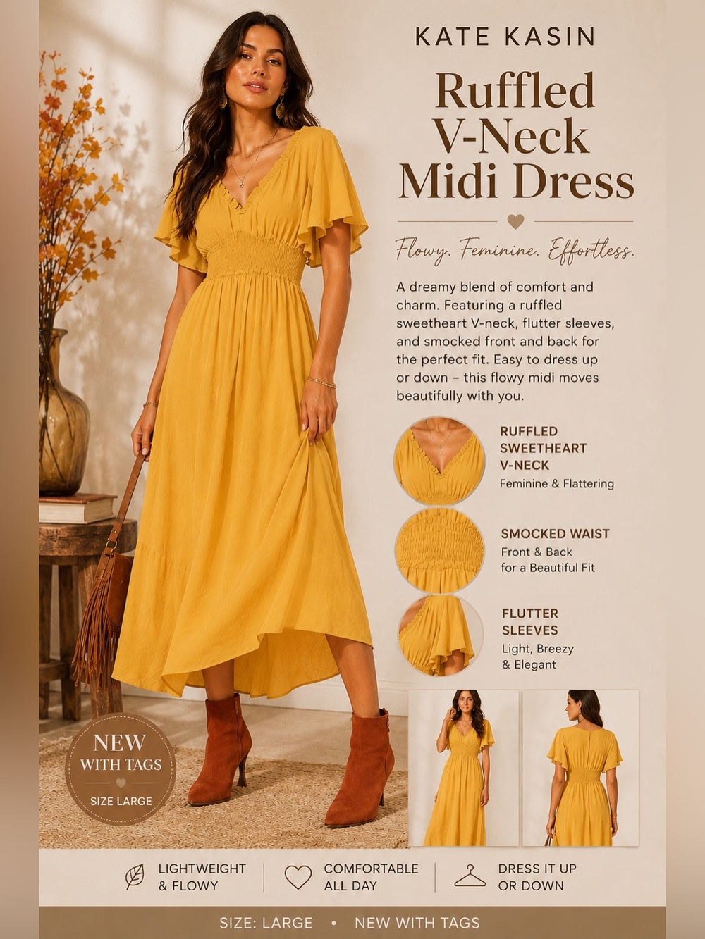Kate Kasin Sunflower Yellow Boho Midi Dress Size Large NWT Side Pockets